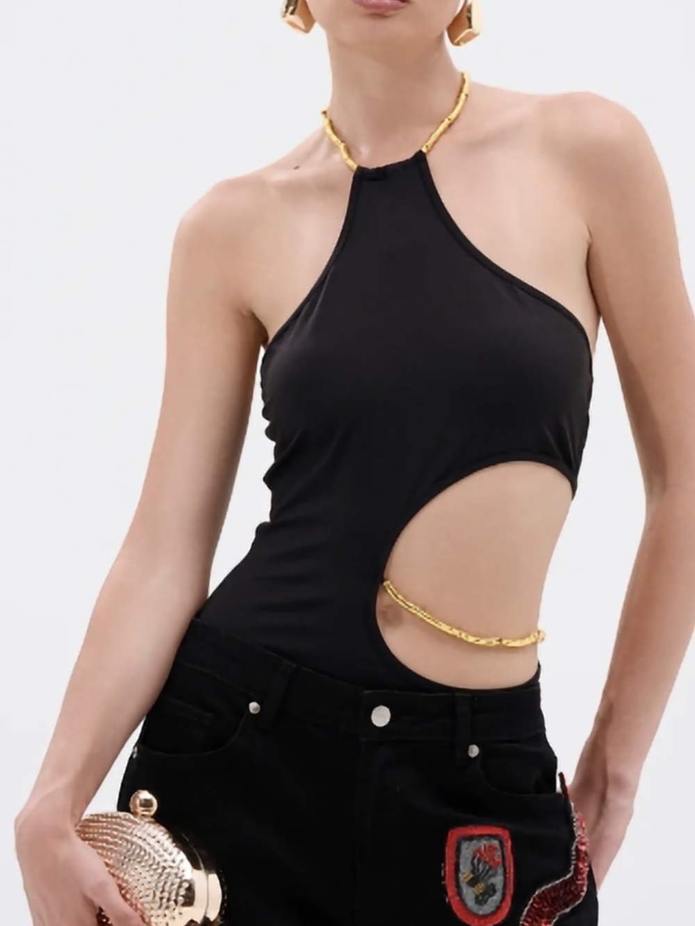 AKIRA Black One-Shoulder Cutout Halter Top with Gold Chain